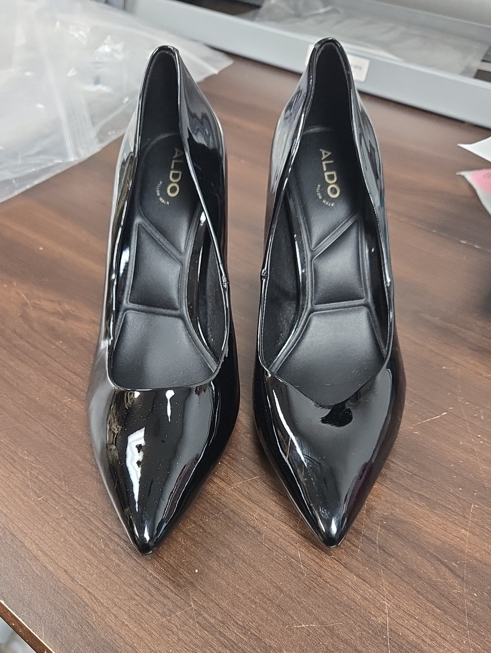 Aldo Size 8 Black Patent Pointed-Toe Pumps with Cushioned Insole